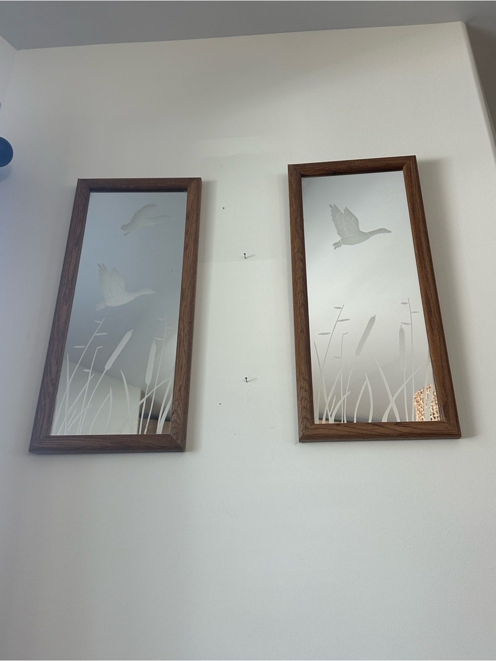 Vintage 80s Etched Ducks Wood Framed Wall Mirror Pair - 22” x 9.5”
